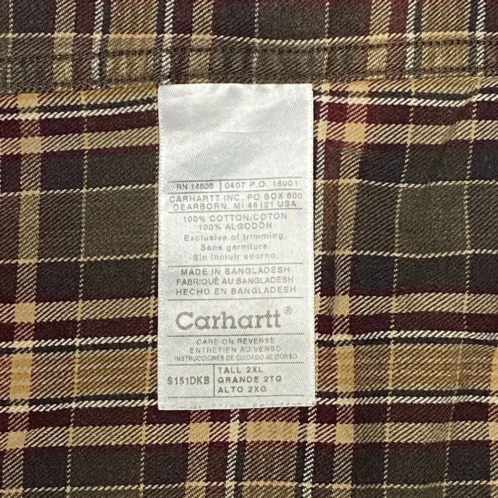 Carhartt Plaid Flannel Shirt 2XLT Brown Rust Long Sleeve Brushed Cotton Workwear - Picture 10 of 14
